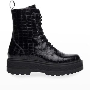 Nero Giardini Cocco Mock Croc Combat Booties Black Embossed Leather Sz 40